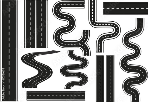 Collection of straight and curved road illustrations showing diverse highway shapes, transportation paths, driving routes, map elements, and roadway design graphics for navigation