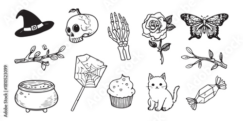 cute, kawaii line art drawings of spooky halloween icons, including a witch's hat and broom, a black rose with a spider web, a bat-faced cupcake, a skeleton hand holding a skull, a cauldron full of li