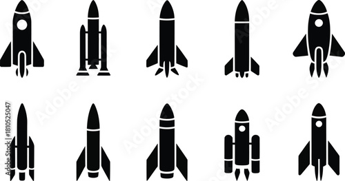 Solid Rocket Icon Set - Space Shuttle, Spaceship, and Missile Filled Vector Silhouettes