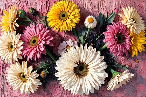 A vibrant bouquet of pink and cream-colored gerbera daisies arranged against a textured
