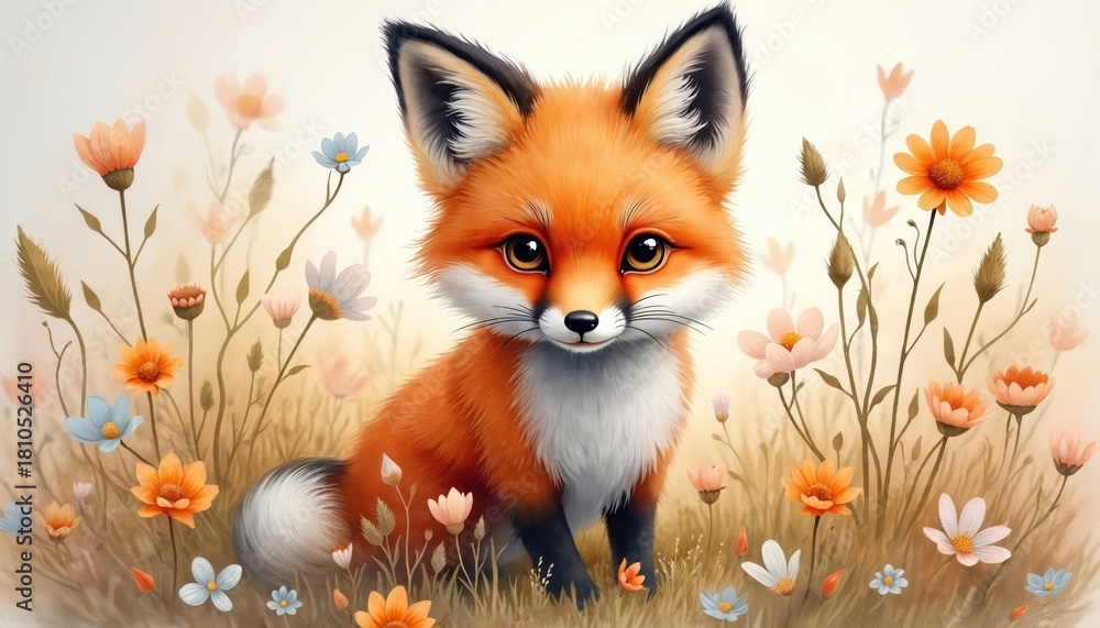 Naklejka premium Cute baby fox sits peacefully in beautiful spring meadow. Little cub bright orange fur, big curious eyes, looking directly. Soft colorful flowers surround small wild animal. Lovely watercolor