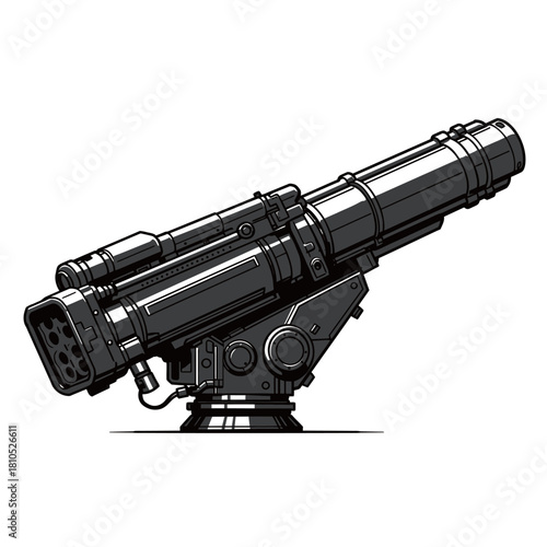 Heavy Military Weapon Systems Vector Illustrations Set (Missile Launcher Turret and Tactical Rifle).