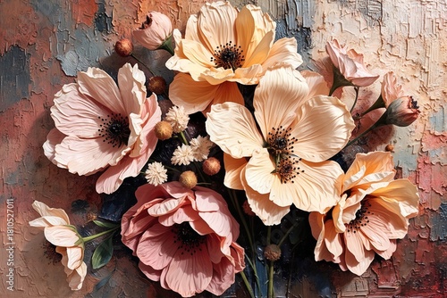 A vibrant bouquet of peach and cream-colored flowers, painted with thick, textured strokes against a weathered, abstract background of peeling pastel 