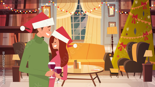 Magical Christmas Decoration Image on a Warm, Festive Background – Sparkling Christmas Trees Adorned with Twinkling Lights, Red Ribbons, and Glittering Ornaments, Complemented by Plush Santa Clauses, 