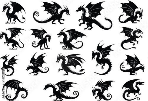Dragon silhouette collection, fantasy creature poses, flying beast shapes, mythical reptile designs, black vector dragons, stock illustration, medieval theme