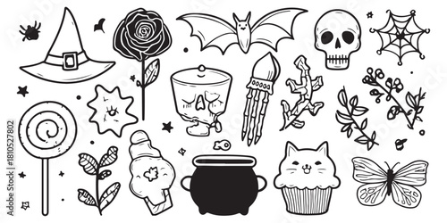 cute, kawaii line art drawings of spooky halloween icons, including a witch's hat and broom, a black rose with a spider web, a bat-faced cupcake, a skeleton hand holding a skull, a cauldron full of li