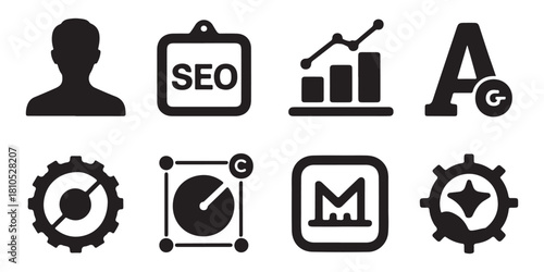  Collection of eight black and white icons representing digital marketing and business analytics concepts