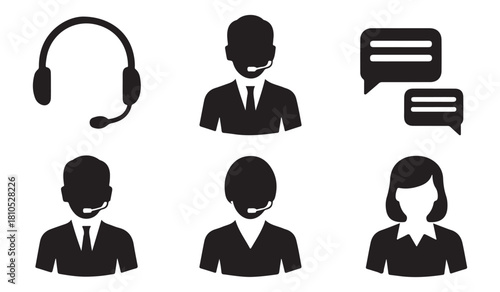  Set of customer service icons including headsets and chat bubbles