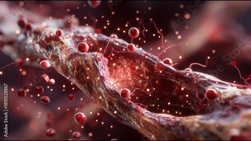 Atherosclerosis  plaque buildup. Artery blockage. Cholesterol cardiovascular. Vascular disease circulation. Microscopic view of artery with plaque and blood cells.