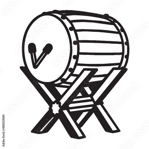 Black and white vector illustration of a traditional Indonesian or Asian bedug drum on a stand, symbolizing celebration, culture, Ramadan, and religious call to prayer.