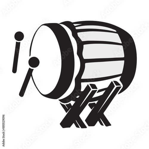Black and white vector illustration of a traditional Indonesian or Asian bedug drum on a stand, symbolizing celebration, culture, Ramadan, and religious call to prayer.
