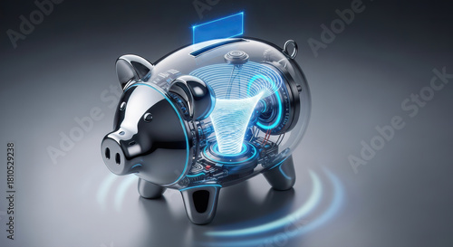 Chrome and transparent futuristic piggy bank with internal glowing vortex, symbolizing digital finance, innovation, and secure smart savings.