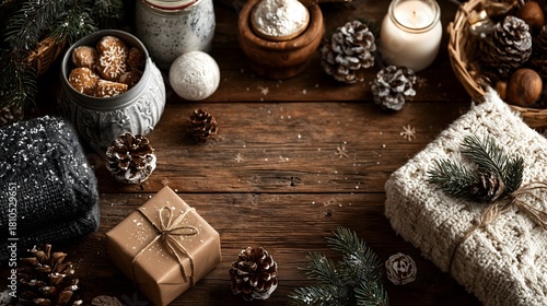 Warm Winter holiday scene on wooden table featuring presents and treats