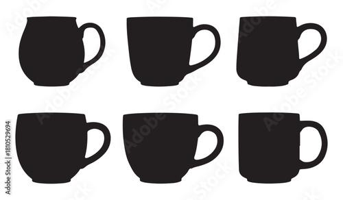  Collection of six black silhouette coffee mugs on a white background