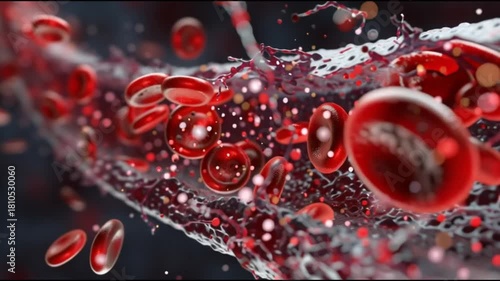 Atherosclerosis  plaque buildup. Artery blockage. Cholesterol cardiovascular. Vascular disease circulation. Dynamic view of red blood cells flowing through a blood vessel