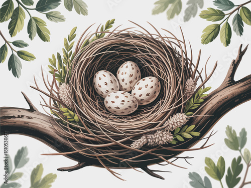 A beautifully crafted nest, housing four speckled eggs, surrounded by lush greenery, showcasing the serenity and fragility of nature's design in a tranquil setting.