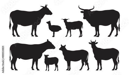  Collection of silhouettes of farm animals including cows sheep and ostrich