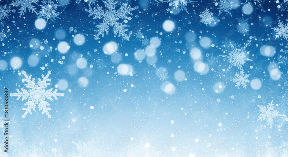 Fototapeta premium Elegant Blue Winter Background Featuring Intricate Snowflakes, a Soft Frosty Gradient, and Dreamy Bokeh Effects
