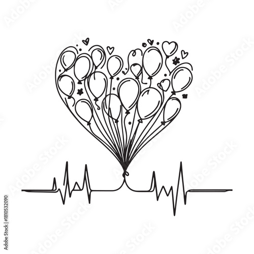 Heartbeat Balloon Line Art — Romantic Heart Vector Illustration