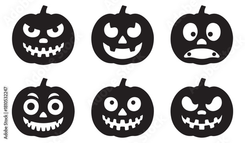  Six black silhouette halloween pumpkins with different spooky and funny faces
