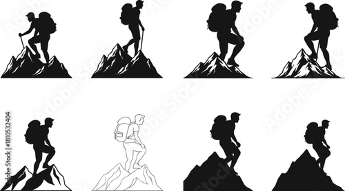Hiking silhouette, mountain climber, outdoor adventure, trekking icon, rugged terrain, backpacker figure, summit pose, nature exploration, wilderness journey, alpine peak