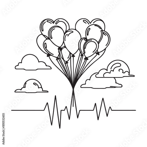 Heartbeat Balloon Line Art — Romantic Heart Vector Illustration