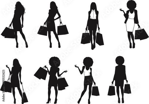 Fashion shopping silhouettes, stylish women with bags, retail lifestyle illustration, trendy poses, consumer behavior, black vector art, marketing concept