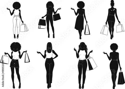 Fashion silhouettes, shopping women, stylish poses, retail diversity, confident stance, black figures, trendy outfits, consumer behavior, urban lifestyle, elegance
