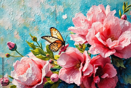 A vibrant, impressionistic bouquet of pink flowers with a monarch butterfly perched delicately on one bloom, set against a textured teal background. The 