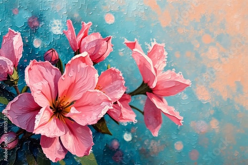 Pink blossoms glisten with dewdrops against a dreamy, textured teal backdropsoft bokeh and warm orange hues add an ethereal, artistic touch to the floral scene.