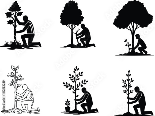 Tree planting silhouette, environmental care, reforestation teamwork, kneeling gardener, sapling growth, nature conservation, eco action, sustainability, black and white illustration
