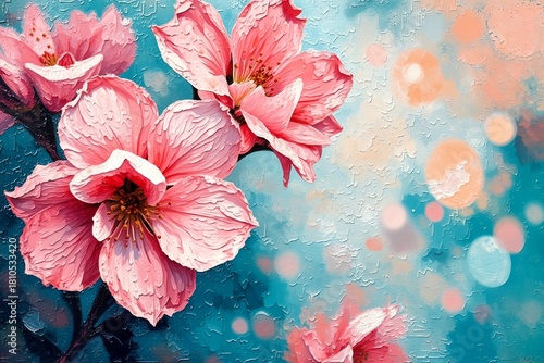 Pink blossoms glisten with dewdrops against a dreamy, textured teal backdropsoft bokeh and warm orange hues add an ethereal, artistic touch to the floral scene.