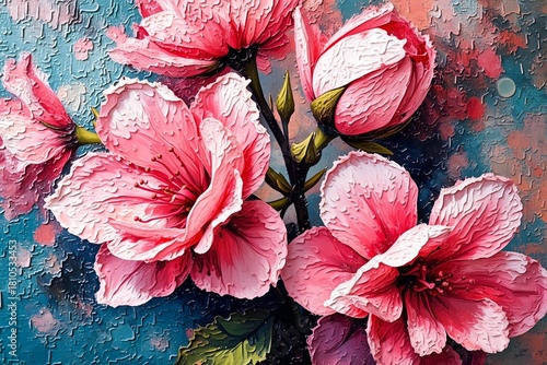 Pink blossoms glisten with dewdrops against a dreamy, textured teal backdropsoft bokeh and warm orange hues add an ethereal, artistic touch to the floral scene.