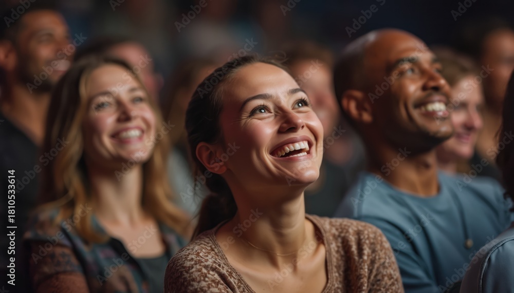 Fototapeta premium Diverse people smile and laugh in audience. Attendees enjoy event, share positive vibes, connect in community. Group reacts happily, engaged by performer or speaker.