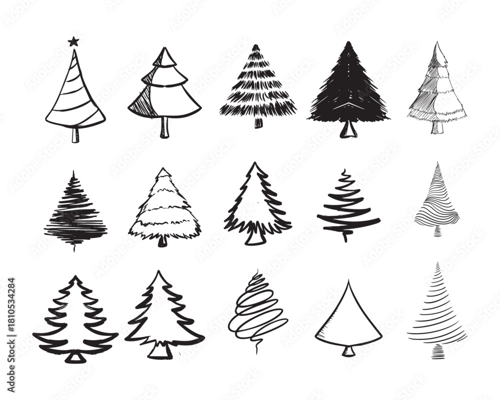 Obraz premium A collection of fifteen hand-drawn Christmas tree doodles in various black and white sketch styles.