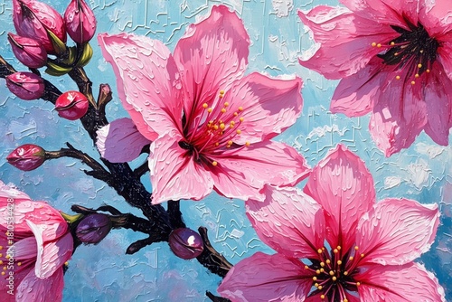 Vibrant pink cherry blossoms bloom against a textured, light blue background, rendered in bold impasto style with vivid details and delicate petals.
