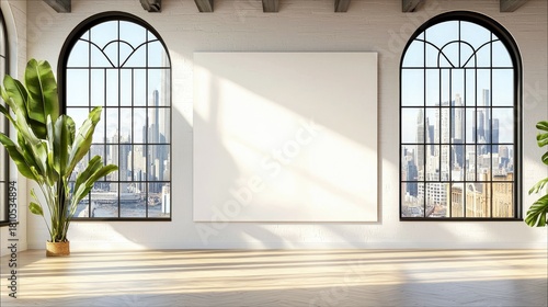 A modern loft space with large arched windows, a city view, a blank canvas, and potted plants.