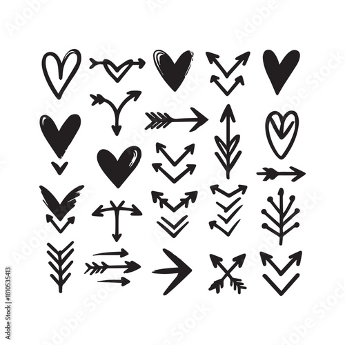 “Romantic Doodle Icons Set: Hearts, Arrows & Love Elements”