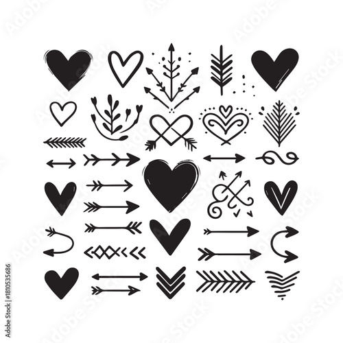 “Romantic Doodle Icons Set: Hearts, Arrows & Love Elements”