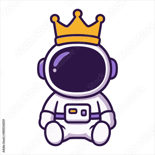 Cartoon Astronaut with Golden Crown Sitting Down Wearing Space Suit.