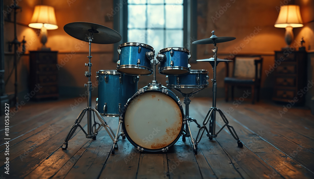 Fototapeta premium Vintage blue drum set with worn bass drum on wooden floor in dimly lit room with lamps and furniture. Old drum kit in studio or home interior with soft light.