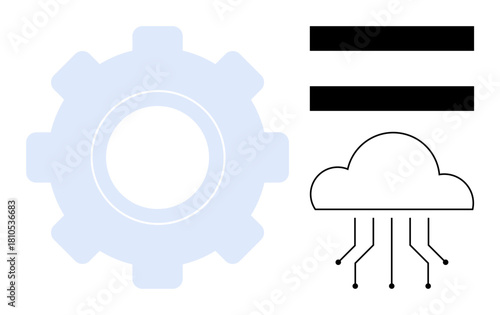Gear, cloud with circuitry, and equal symbol highlighting tech integration, system optimization, and balance. Ideal for innovation, automation, equality, cloud computing engineering