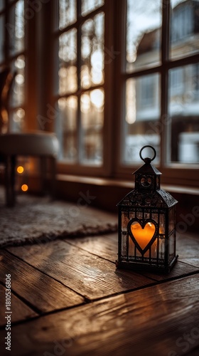 Vibrant photo of lantern with heart shape on wooden floor near window, cozy home concept