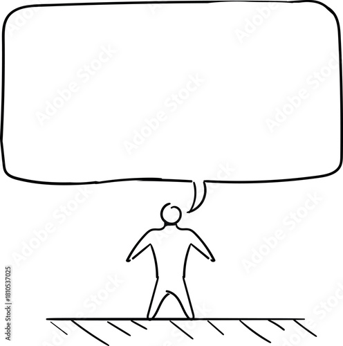 In the center of the canvas stands a person or character, speaking. Above them is a dialogue box.