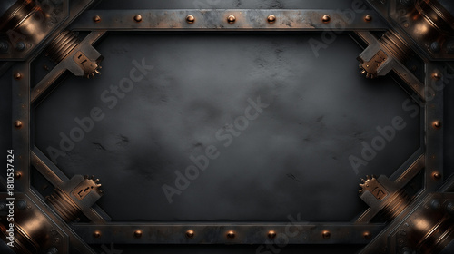 Dark futuristic background with metallic steampunk frame, bolts and grunge texture, perfect for sci-fi or tech designs.