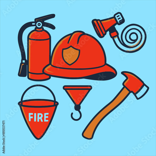Cartoon Firefighting Equipment Helmet Extinguisher Axe Hose Bucket and Hook.