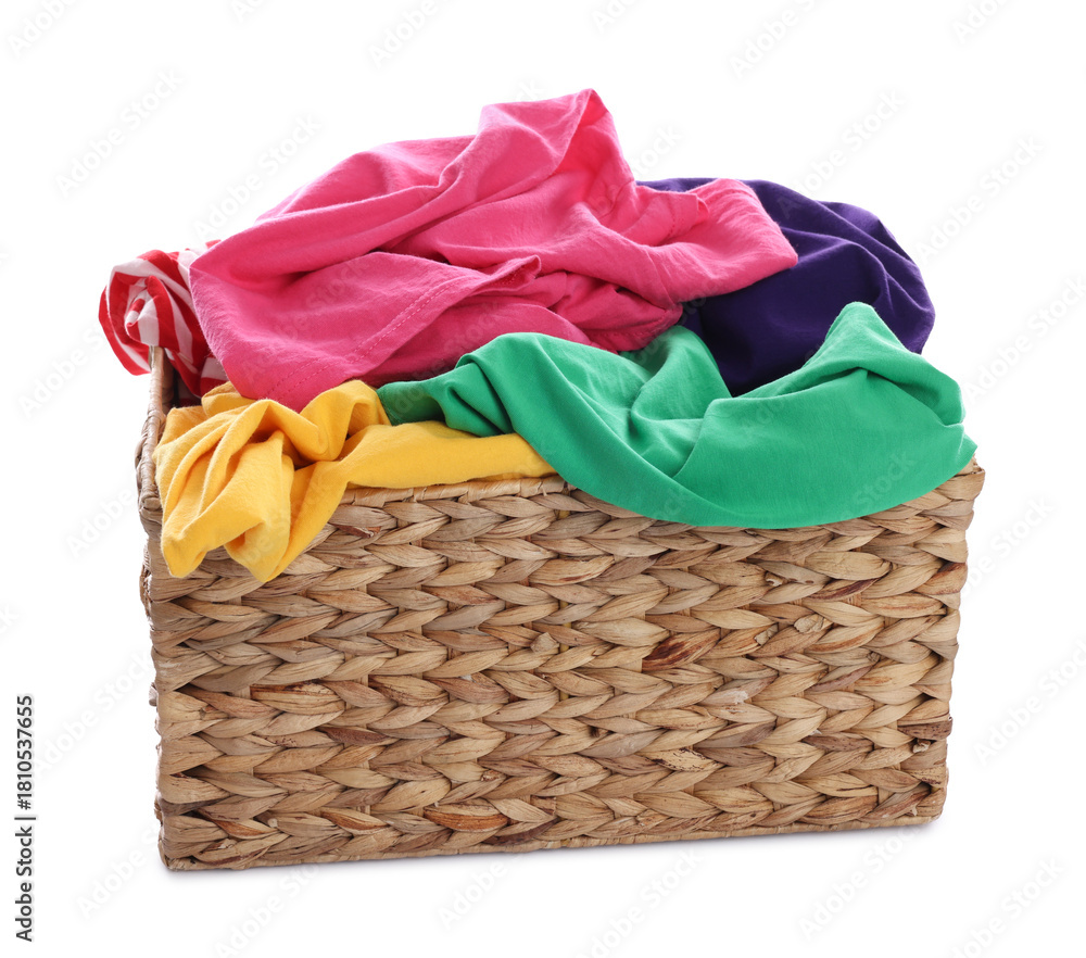 Obraz premium Wicker basket with laundry isolated on white