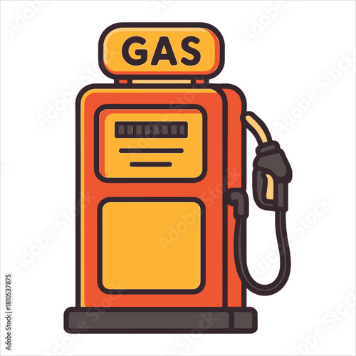 Cartoon gas pump with orange body yellow accents and black nozzle.