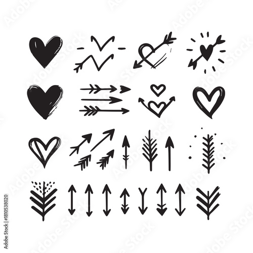 “Hand-Drawn Hearts and Arrows Vector Clipart Collection”