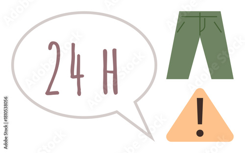 Speech bubble with 24H next to green pants and orange caution sign emphasizes urgency. Ideal for fashion, retail, communication, policy, e-commerce, deadlines, or warnings. Simple flat metaphor
